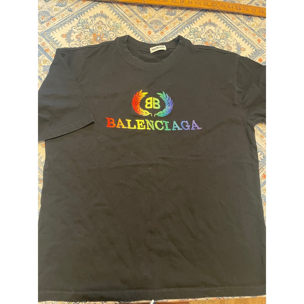 Balenciaga Rainbow Embroidered Logo BB T-Shirt Black Size M 612965 TIV47